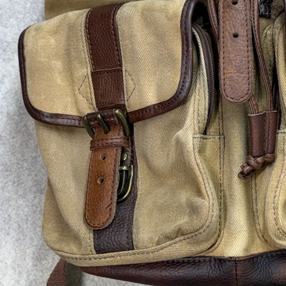 Vintage LL Bean Continental Rucksack Waxed Canvas Leather Backpack Tan Brown 90s